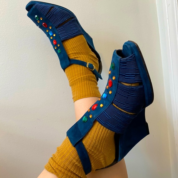Vintage 1970s Ink Blue Suede Wedge Platforms - Picture 1 of 7